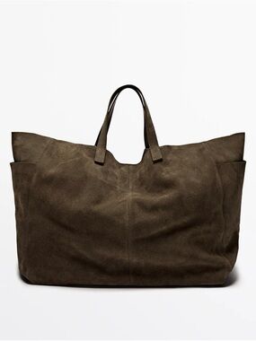 ZARA Suede Weekend Tote Bag - Brown Green